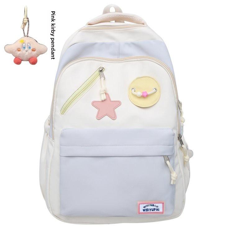 Blocked Cute Color Star Collage Student Backpack And Shoulder Bag With Pendant