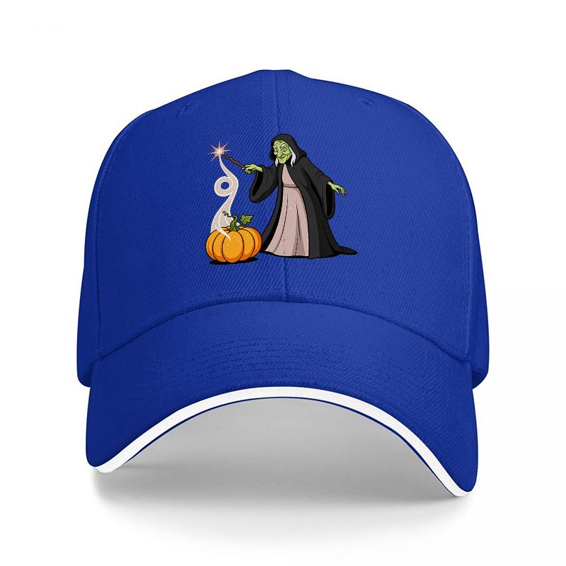 Witch and Pumpkin Halloween Baseball Cap Black Embroidered Design Magic Wand Autumn Theme Adjustable Hat for Adults