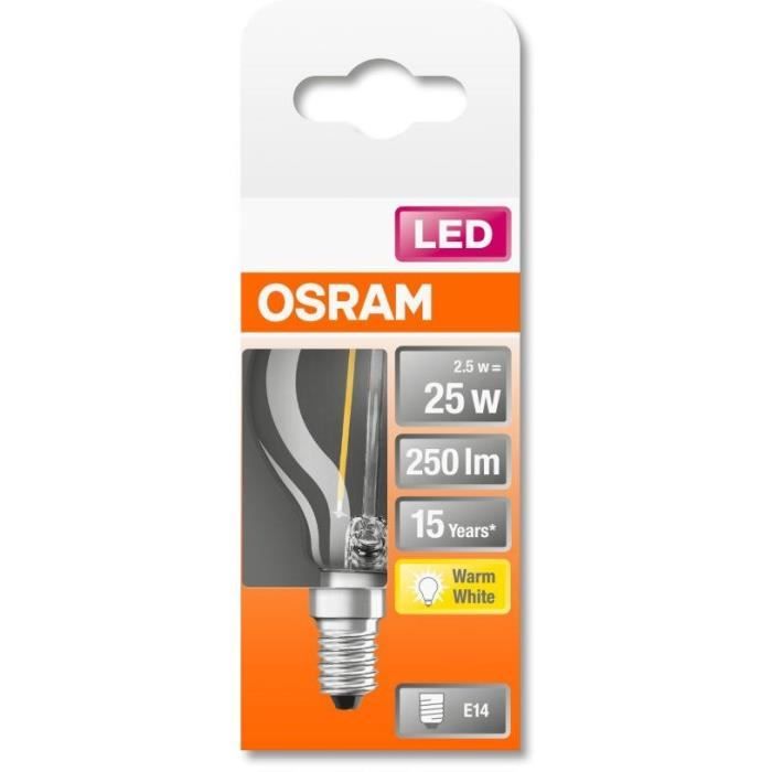 OSRAM Ampoule LED Sphérique clair filament 2,5W=25 E14 chaud