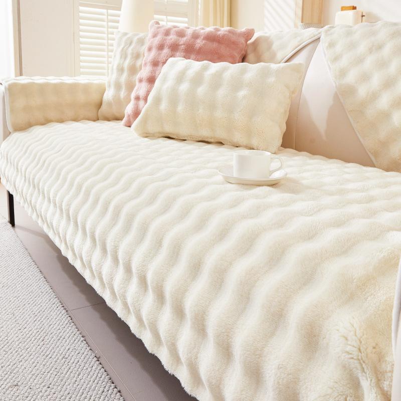 Rabbit Plush Sofa Cover Winter Thickened Warm Plush Cushion Living Room Non-Slip Sofa Cover Velvet Backrest Seat Armrest Blanket
