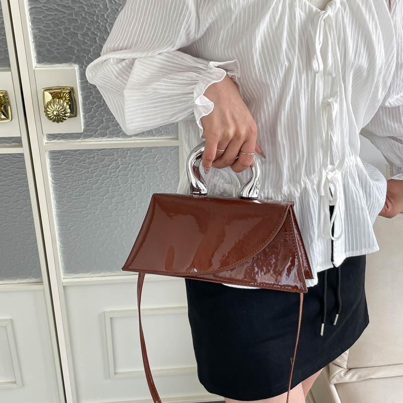 Multi Color Patent Leather Mini Top Handle Bag For Women Retro Crossbody Bag With Wavy Metal Handle For Daily Party Wedding