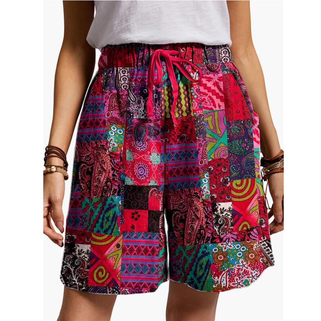 Women's Casual Elastic Waist Drawstring Print Shorts Pockets Summer Linen Shorts
