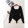 Foreign Trade Original Order Square Collar Pure Desire Chiffon Long sleeve One-Piece Briefs Autumn and Winter Inner wear Sexy Slim fit Knitted Top