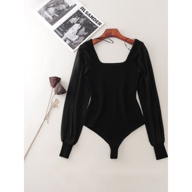 Foreign Trade Original Order Square Collar Pure Desire Chiffon Long Sleeve One-Piece Briefs Autumn and Winter Inner Wear Sexy Slim Fit Knitted Top