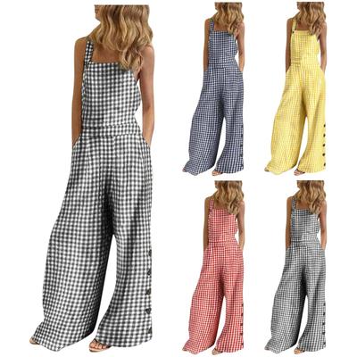 (Qunide) Fashion Women's Cotton And Linen Printed Button Embellished Loose Strappy Jumpsuit
