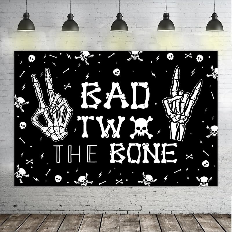 

Bad Two The Bone Backdrop Banner, Skeleton Theme 2nd Birthday Decorations for Boys Girls Music Rock and Roll Birthday Party Photography Background 5*3ft