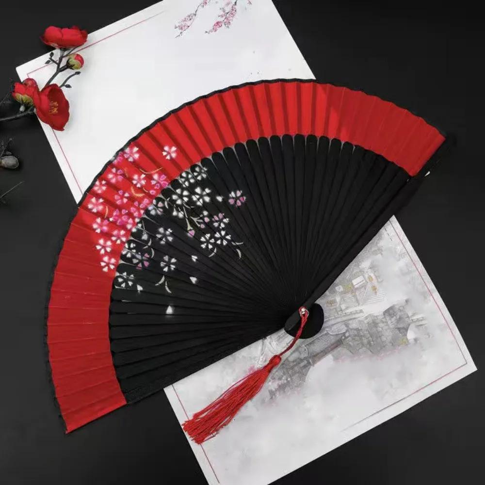 Exquisite Tassel Folding Fan with Tassel Chinese Style Blossom Printing Folded Fan Portable Classical Elegant Handheld Fans