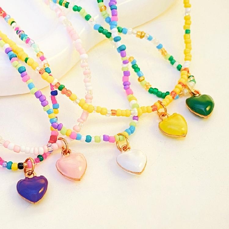 Heart Pendant Beaded Necklace Bohemian Style Chokers Contrast Colored Jewelry