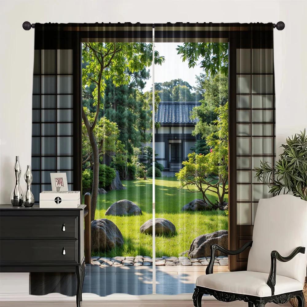 Set Of 2 Serene Japanese Garden Printed Curtains Designed Quality Material Ideal Zen Style Home Window De Curtain Light Filtering Polyester