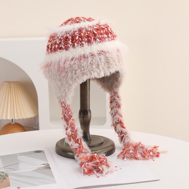 

Striped Splicing Knitted Wool Hat for Women In Autumn and Winter Thickened Warmth and Cold Protection Ear Protection Goggles for Lei Feng Hat M（56-58cm）