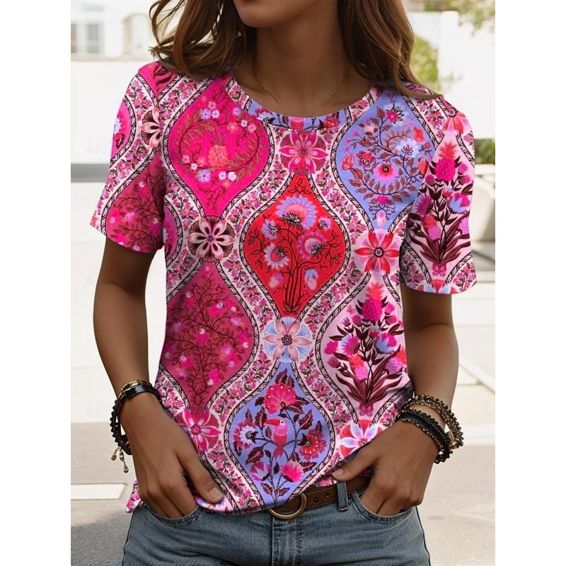 Women's T ShirtFloral Graphic Geometric Vintage Stylish Classic Short Sleeved Crew Neck Regular Tops Daily Weekend Prints Summer