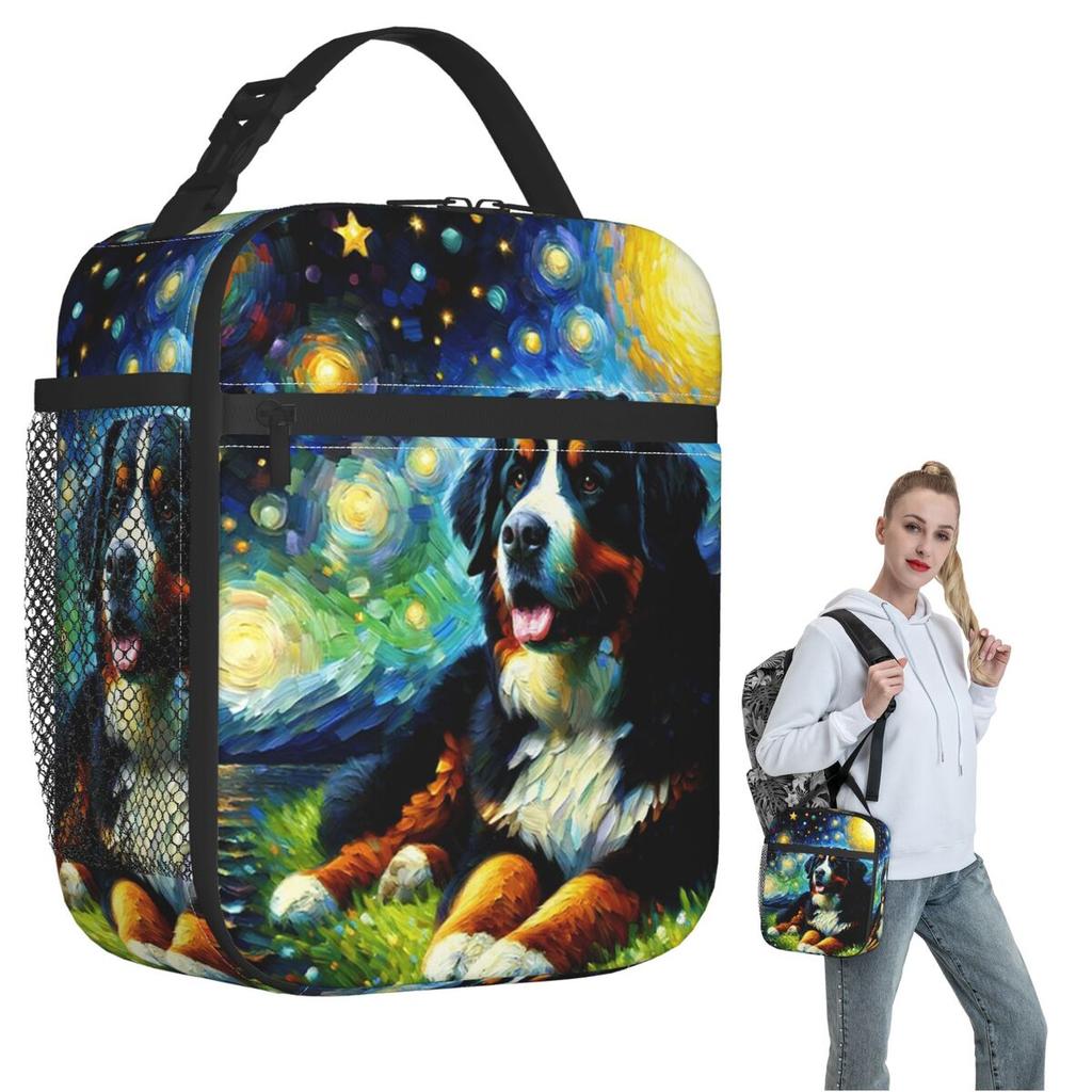Sternennacht Berner Sennenhund Van Gogh Liebhaber Isolierte Lunchtasche für Frauen Kinder Essensboxen Thermische Lunchbox Tragetasche