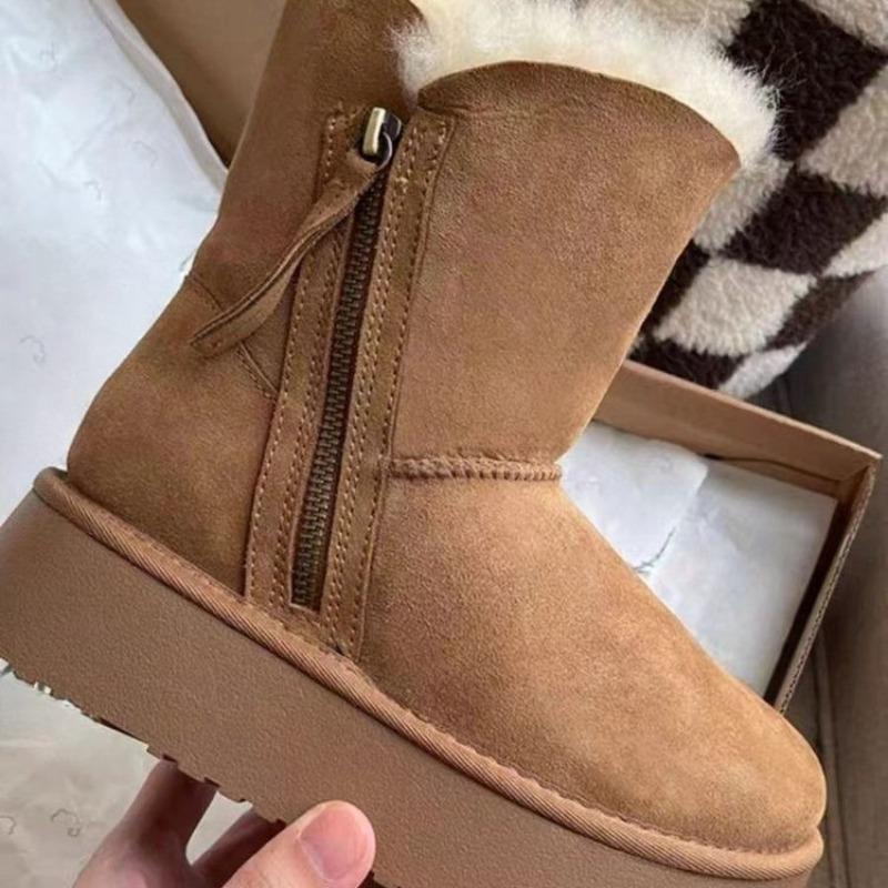 Winter Women's Mid-tube Cotton Boots Fashion Round Toe Side Zipper Platform Anti-slip Wear-resistant Flat Snow Boots Botas Mujer