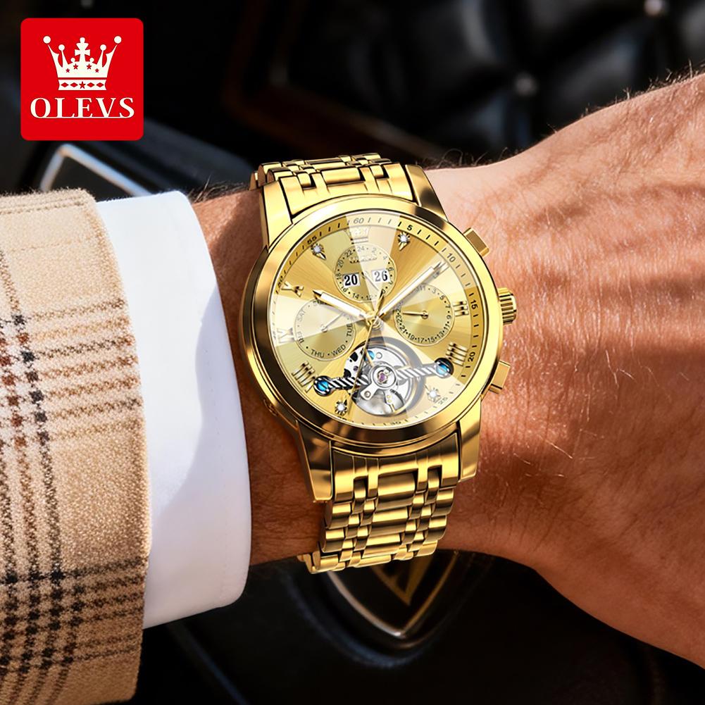 OLEVS Automatic Mechanical Watches for Men Stainless Steel Skeleton Flywheel Perpetual Calendar Rhombus Mirror Luxury Man Watch