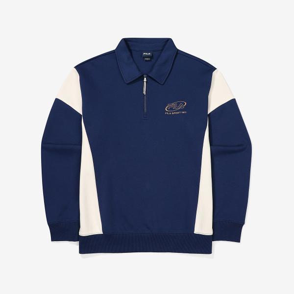 Fila Color Block Cotton Blend Collar Half Zip Sweatshirt navy/100