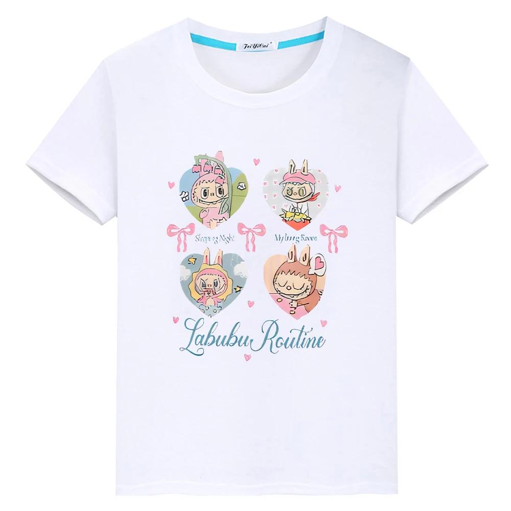 

labubu 100%Хлопок Аниме Короткий Каваи Топы футболка гордость y2k футболка для детей мальчик 10лет одежда для малышки детская одежда для девочек 100 белый