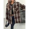 Autumn Winter Fleece Lined Women Plaid Lapel Jacket Casual Loose Long Sleeve Shirt Coat Commute Outwear