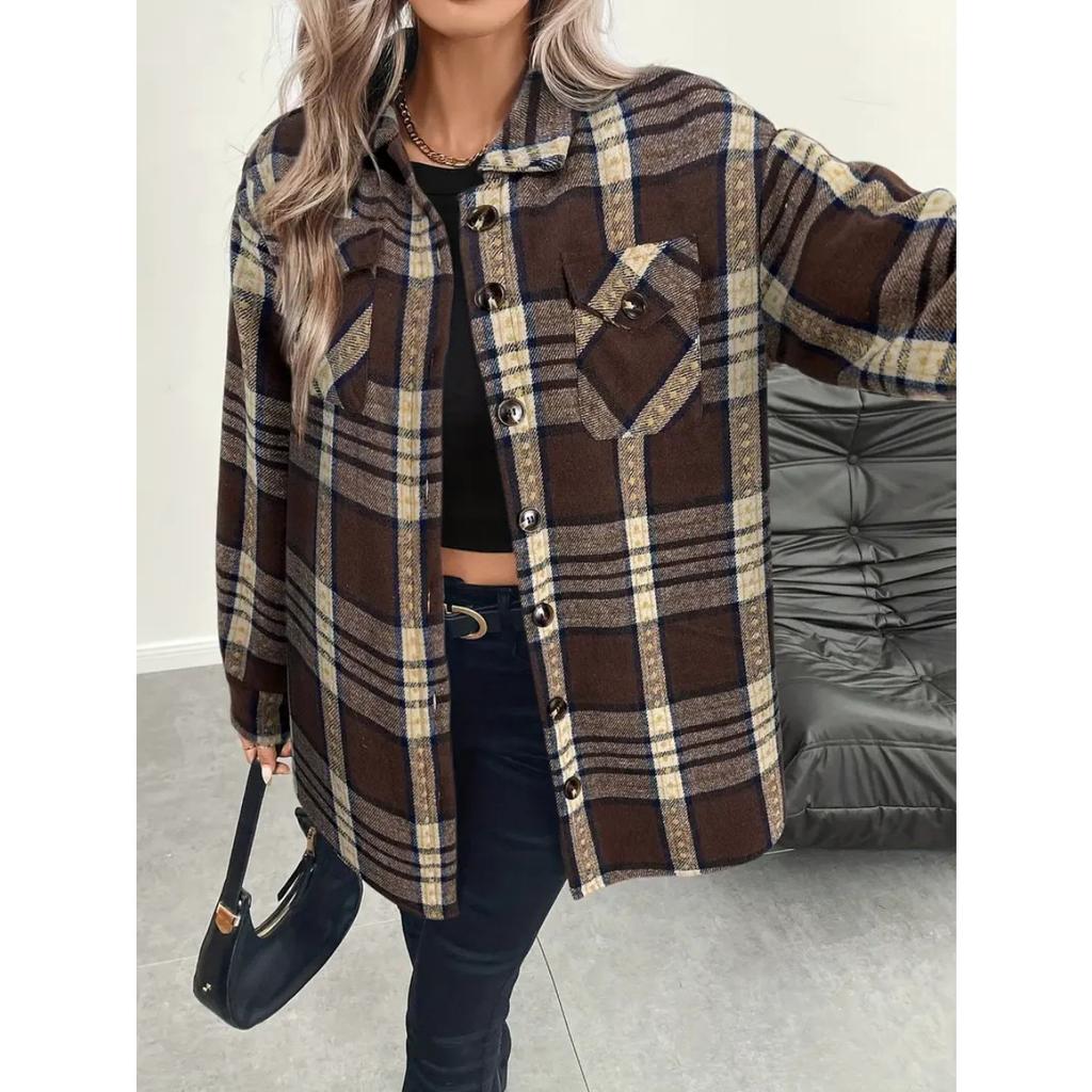 Autumn Winter Fleece Lined Women Plaid Lapel Jacket Casual Loose Long Sleeve Shirt Coat Commute Outwear