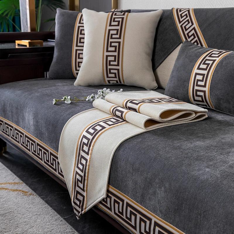 Retro Chinese Style Sofa Cover Chenille Anti-slip Couch Cushion for Living Room Sofa Towel Universal Slipcover Embroidery Ribbon