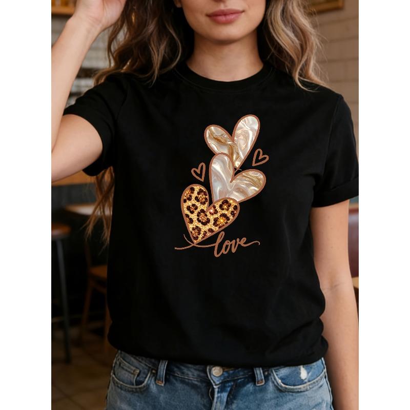 Plus Size - Plus Size - Love Graphic Print Plus Size Women S Short Sleeve Crew Neck Casual Top T-Shirt for Summer & Spring, Women S Clothing S чёрный