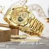Relógio Automático Mecânico Masculino em Aço Inoxidável Dourado com Design de Dragão e Acento de Diamante