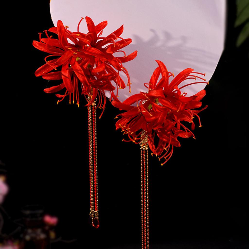 Chinese Style Women Flower Hairpin Fine Workmanship Red Lily Tassel Hairpin for Birthday Stage Party Show