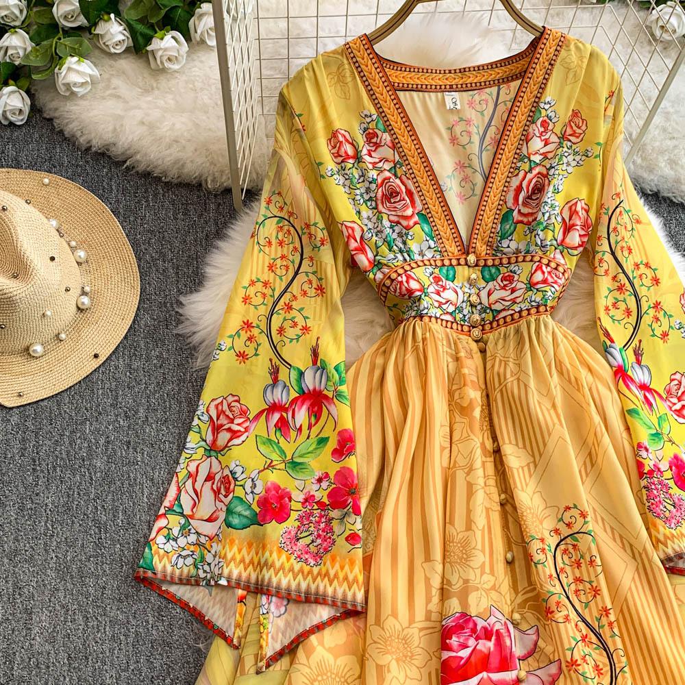 Klänning i resortstil för franska kvinnor Djup V-ringning Inskuren midja Utsvängd ärm Tryckt klänning