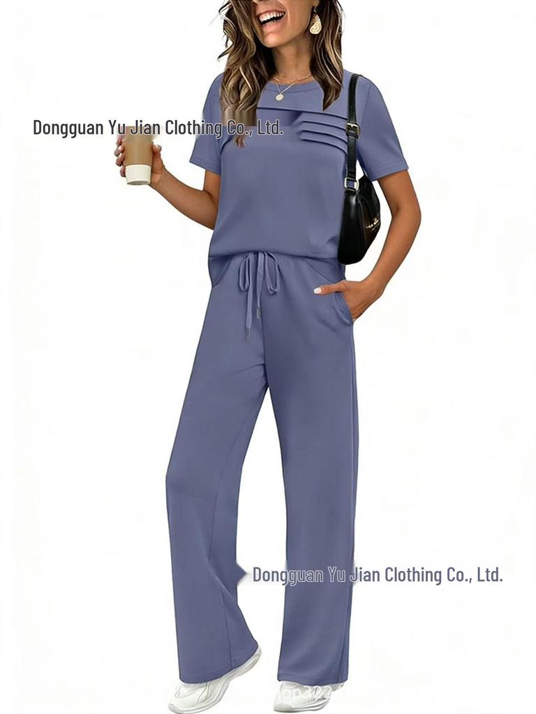 2026 Spring/Summer Women's Set: Short Sleeve Top & Elastic Waist Wide Leg Pants