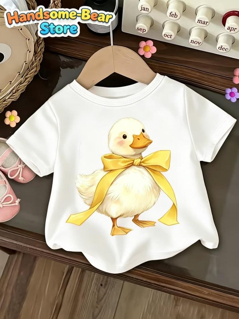 Cute Bow Duck Print Short-Sleeved T-Shirt for Girls Soft Round Neck Top Fashion Loose Summer Gift for Girls Casual Girl Clothes
