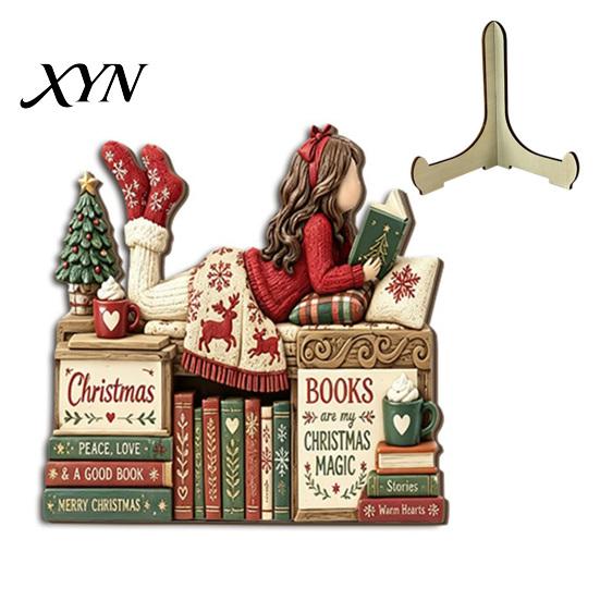 Winter Party Decorations Christmas Wooden Table Sign, 2D Flat Santa Claus/Snowman Reading Desktop Ornament Gift for Family with Stand, Holiday