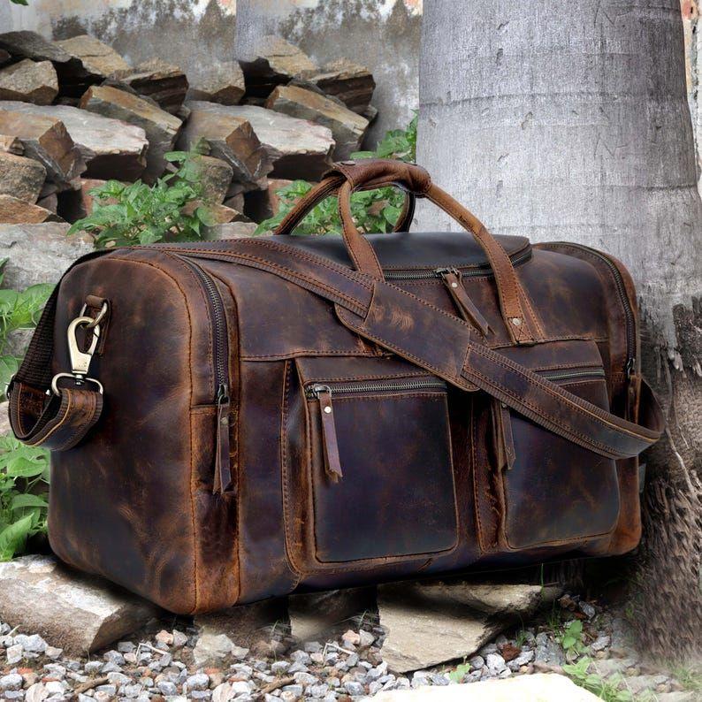 Handmade Leather Duffel Bag, Travel Luggage Duffel Gym Bag Weekender Overnight Bag for Men Leather Sports Duffle Gift Bag for Men