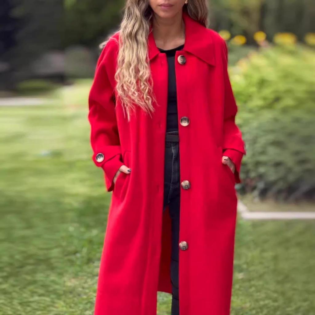 2025 Autumn/Winter Casual Woolen Coat Jacket - Solid Color with Buttons