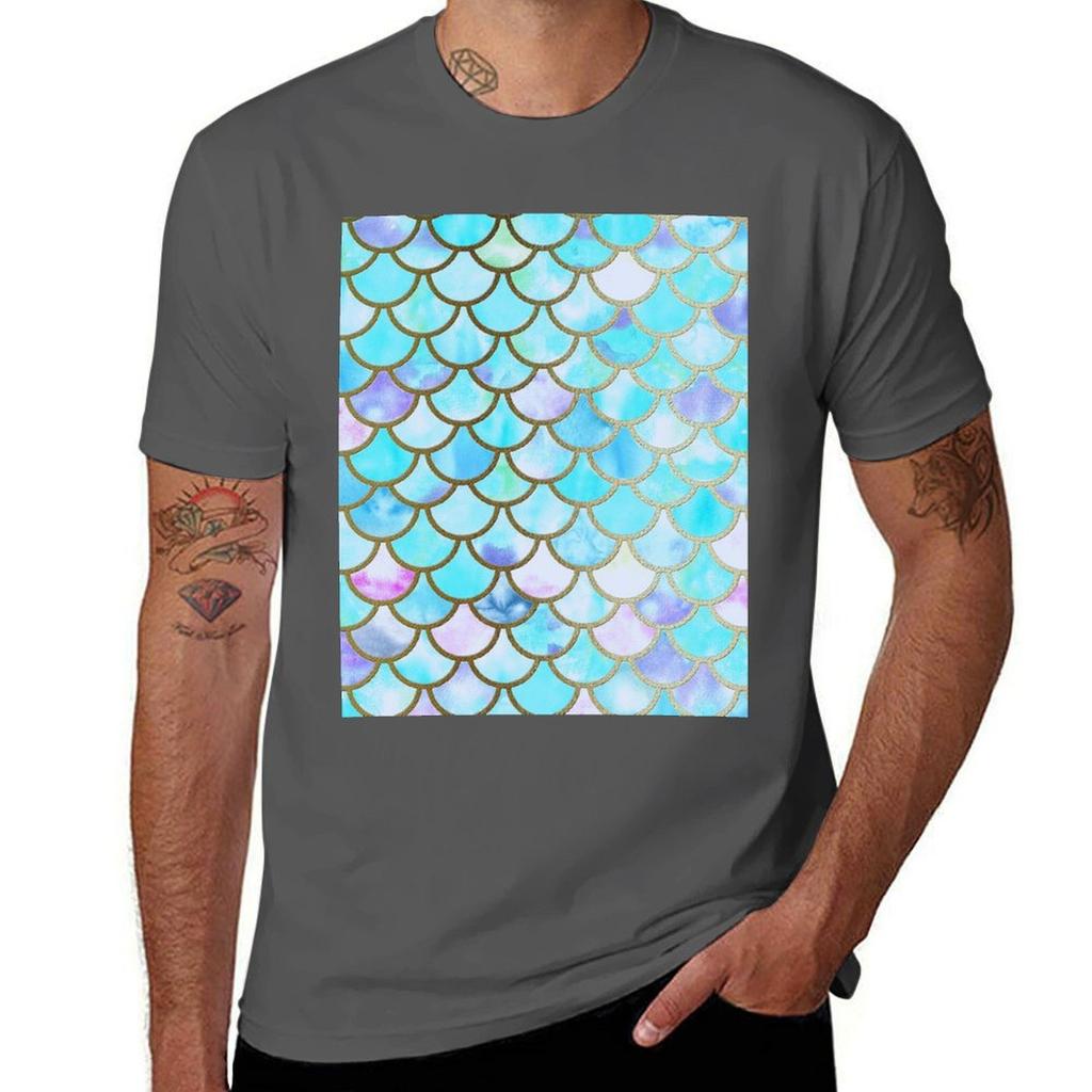 Teal And Blue Watercolor Faux Glitter Mermaid Scales Tshirt Stylish Graphic Short Sleeve Top
