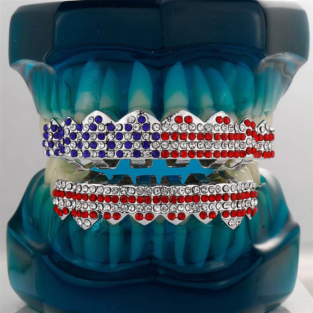 Hip Hop Style New 8 Teeth Grillz Trendy Iced Out 18K Gold Plated Grillz Red Blue Zircon Body Jewelry