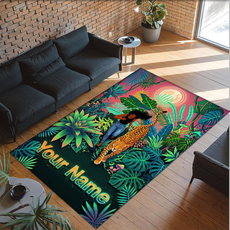 Leopard Theme Crystal Velvet Floor Rug Personalized Custom Name Text Warm Carpet Home Decoration
