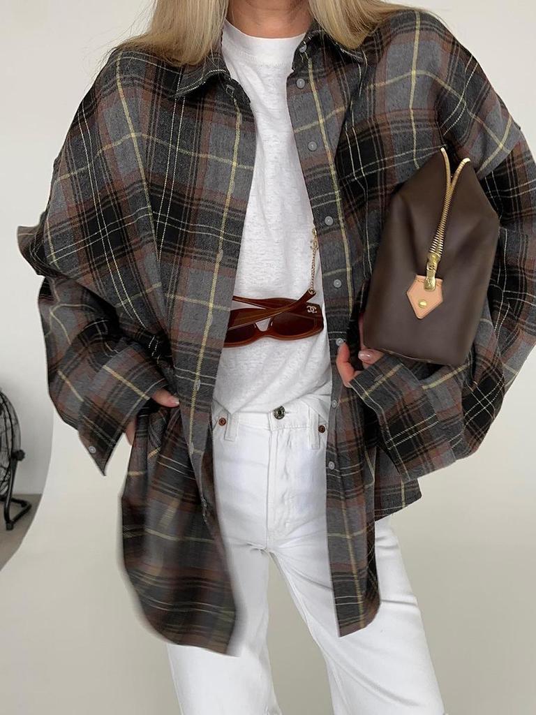 Vielseitige europäisch-amerikanische karierte Strickjacke mit Umlegekragen und langen Ärmeln für Frühling und Sommer