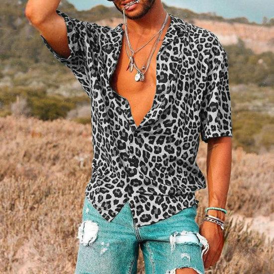 Men Summer Lapel Short Sleeve Shirt Top Leopard Print Single-Breasted Thin Hawaiian Beach Casual Shirt Streetwear