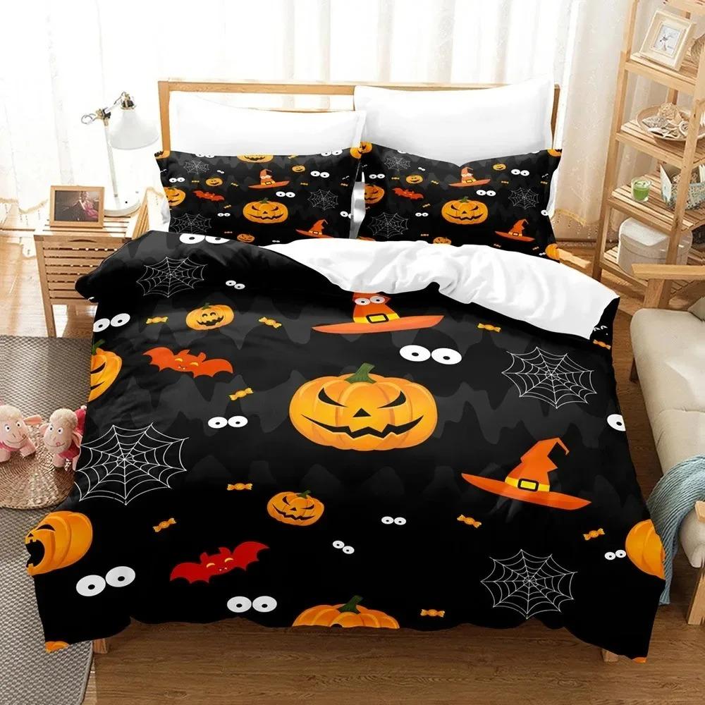 Comforter Halloween Bedding Set Kingqueen Size Cartoon Pumpkin Lantern Castle And Bat Dark Horror Night Polyester