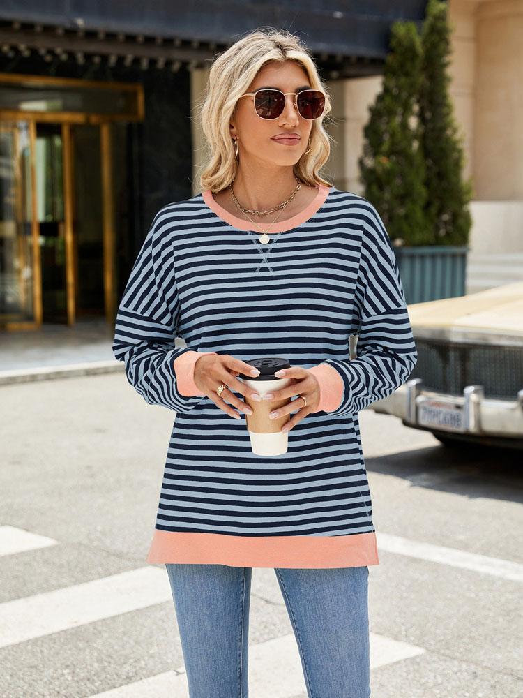 Elegant and Fashionable Autumn and Winter Comfortable Round Neck Striped Splicing Open Loose Long-sleeved Sweater Jacket Pullover Shirt Hoodies
