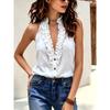 Women Ruffle Trim Halter Neck Top Sleeveless Button Down Casual Solid Color V Neck Blouse