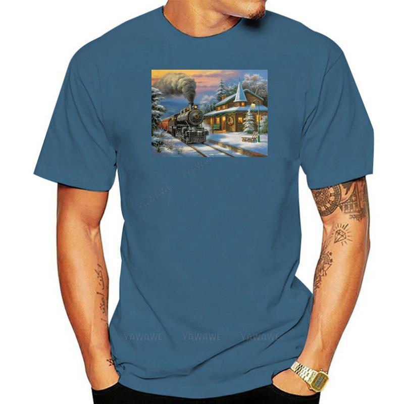 Fashion mens tshirts casual brand short sleeve Christmas Train Station Locomotive TShirt teenager cotton teeshirt vintage top