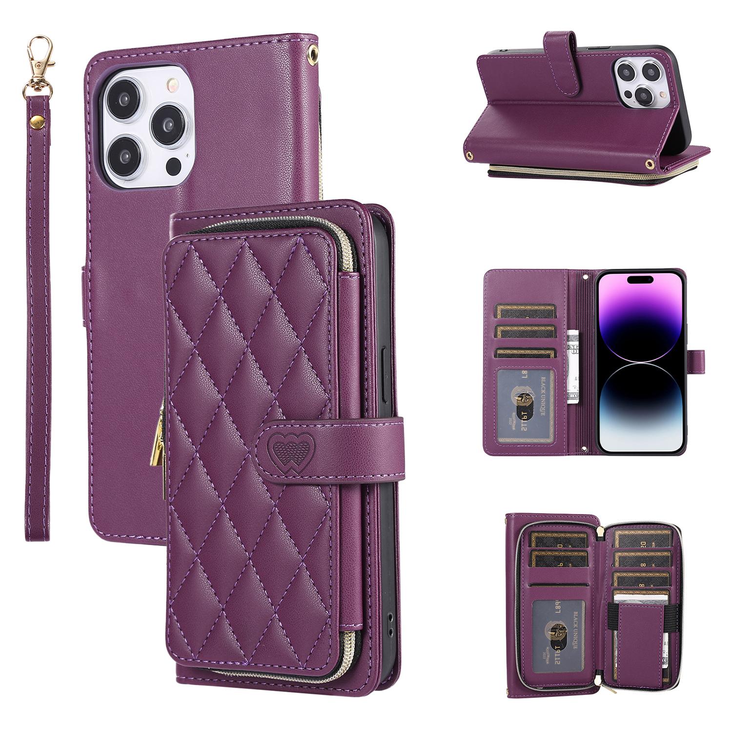 

For iPhone 16 Pro Max Wallet Case Folio PU Leather Stand Rhombus Phone Cover with Hand Strap A