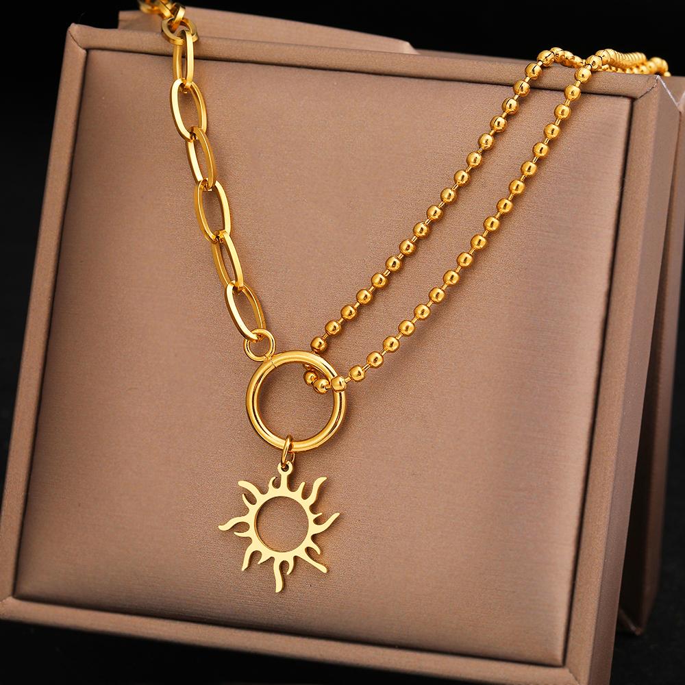 Stainless Steel Necklaces Trendy Fine Delicate Sun Totem Fashion Mix Match Zircon Chains Pendants Necklace For Women Zircon Gift
