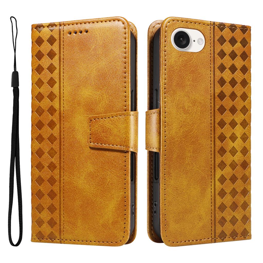 For iPhone 16e Leather Case Wallet Stand Grids Imprinted Phone Cover with Strap