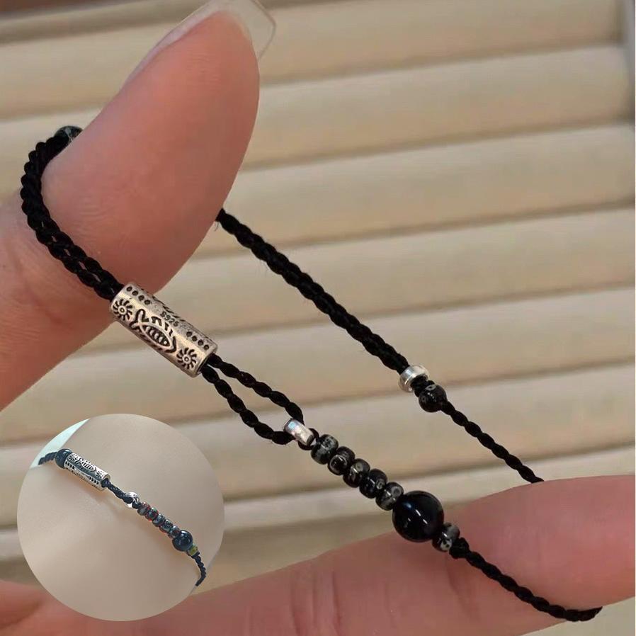 

PANJBJ 925 Sterling Silver Black String Bracelet for Women Snowflake Obsidian Fish Beads Asymmetric Jewelry Gift Dropshipping