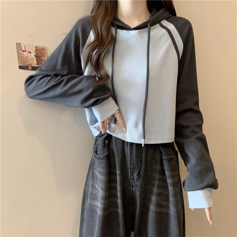 Real shot color matching hooded small short cotton sweater women's thin design long-sleeved top