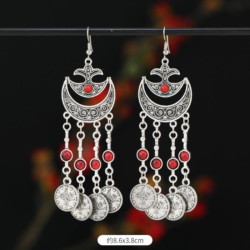 Retro Exotic Ancient Silver Coins Tassel Earrings Women's Long Personalized Earrings Niche Earrings