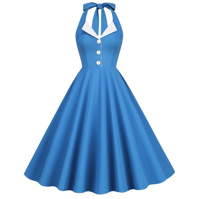 

Color Blocked Lapel Backless Halter Dress Contrast Color Lapel Hanging Neck Dress Dendrobium Blue L