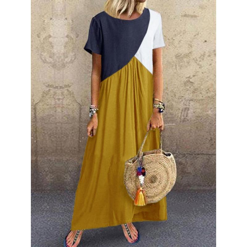 

TIFICY Women s Fashion Summer Spring Colour Block Print Short Sleeve O-Neck High Waist Casual Dresses S жёлтый