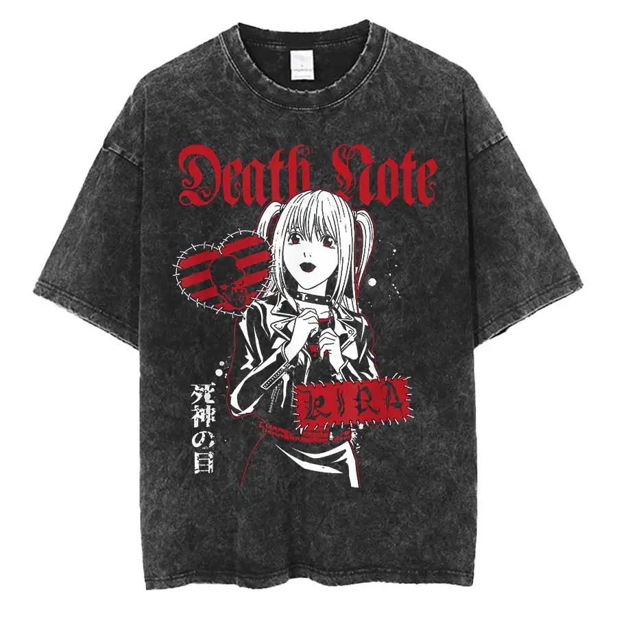 Тетрадь Смерти Миса Панк Нашивки Коллаж Аниме Оверсайз Футболка Хлопок Винтажная Стирка Футболка для Мужчин Женщин Хип-хоп Уличная Одежда L